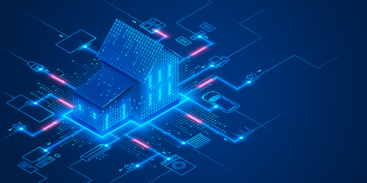 Smart Home Grafik eines Hauses, das von innen blau leuchtet